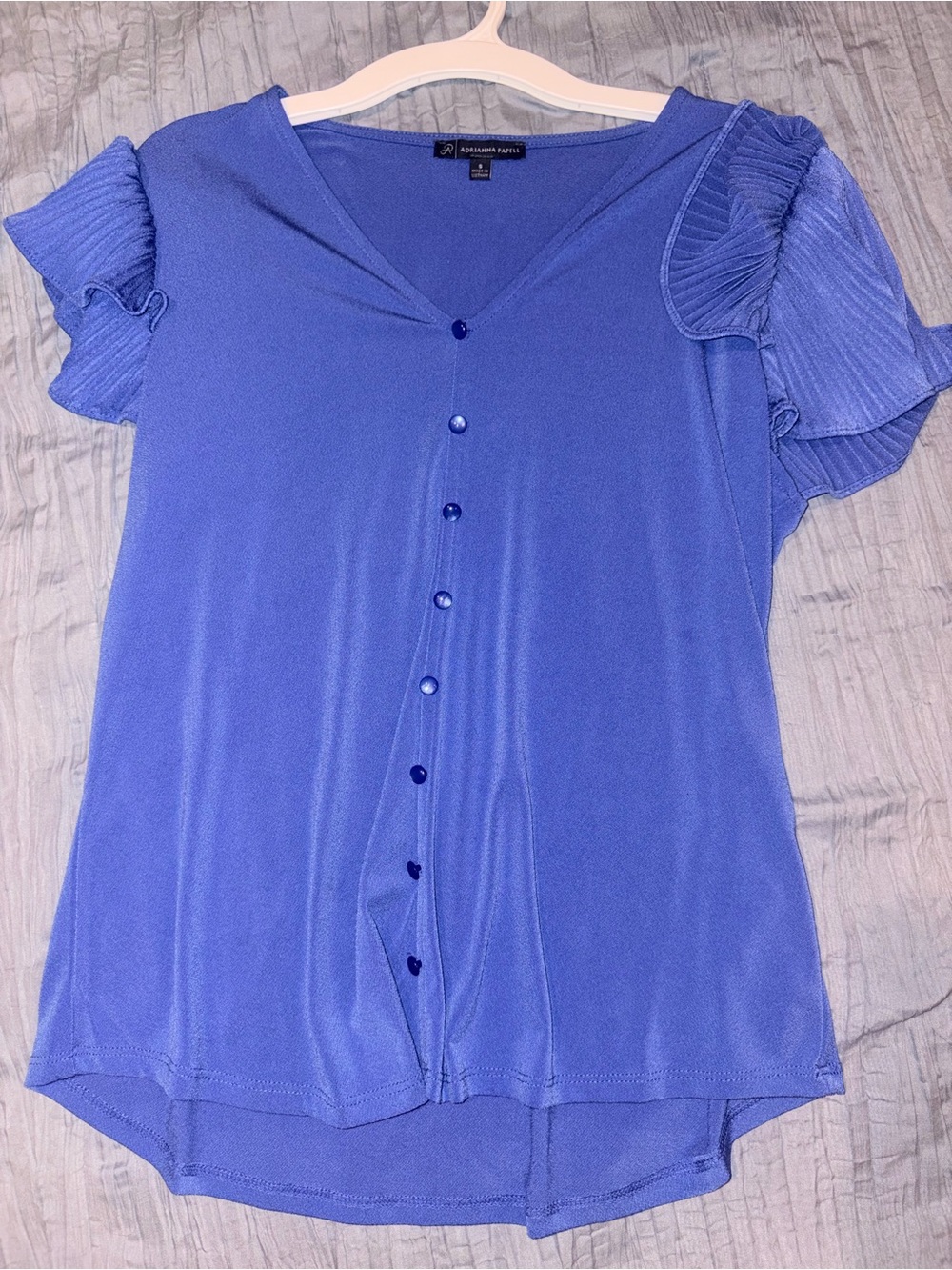 Adrianna Papell Blue V-Neck Button Front Ruffled Sleeve Top